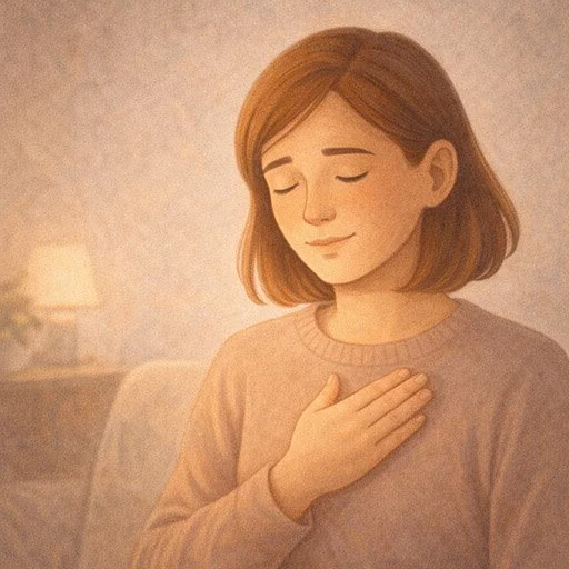 Soft, warm illustration of a person offering themselves comfort, with gentle light and calm atmosphere