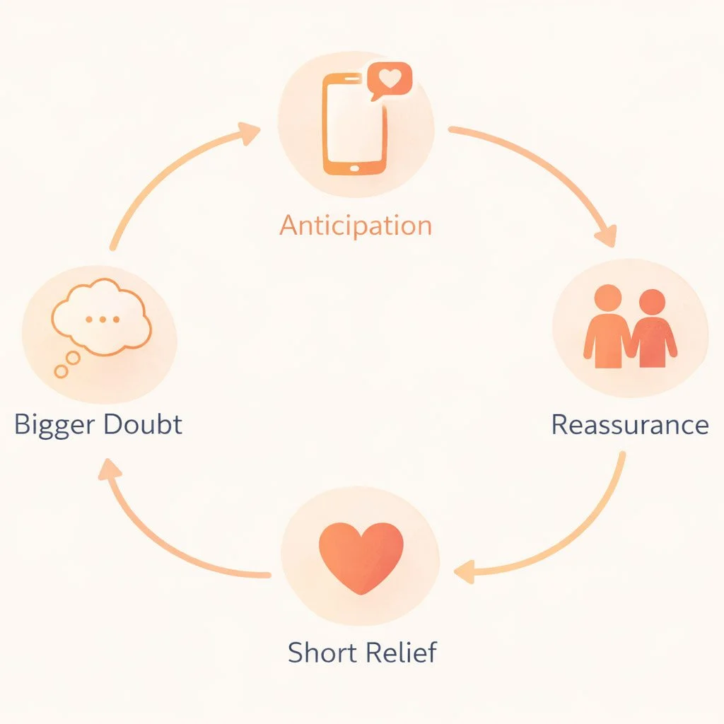 Infographic showing the reassurance loop: anticipation, reassurance behavior, short relief, bigger doubt