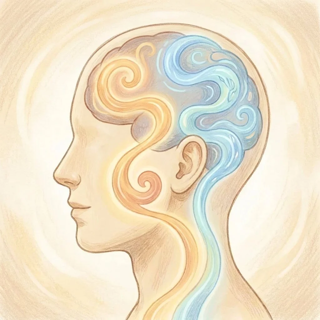 Illustration of two memory pathways in the brain, one carrying feeling and one carrying story