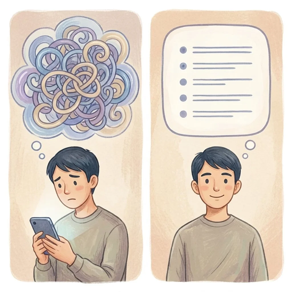 Two-panel illustration showing a tangled worried thought becoming an organized, balanced thought