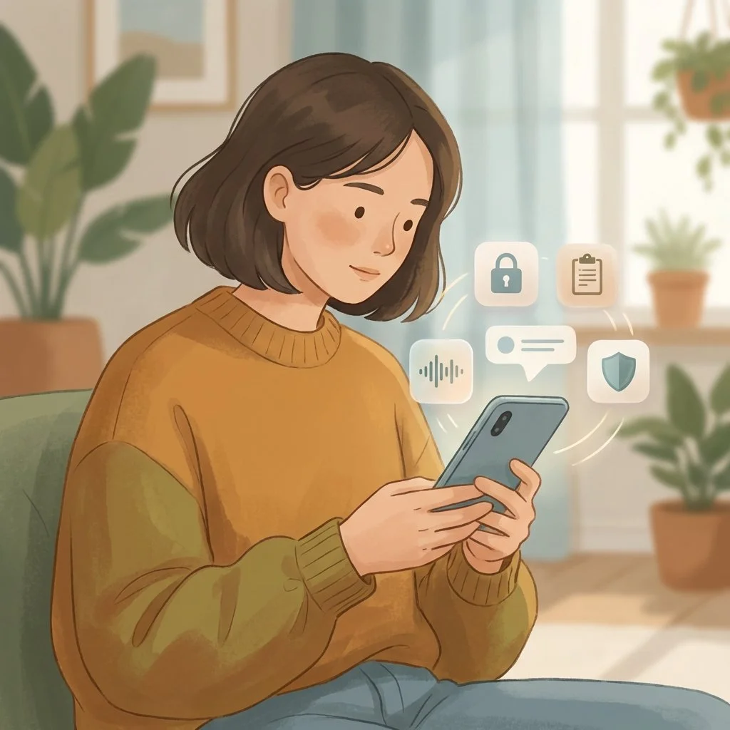 Illustration of a checklist showing key features to evaluate in AI therapy apps including privacy, crisis detection, and evidence-based methods