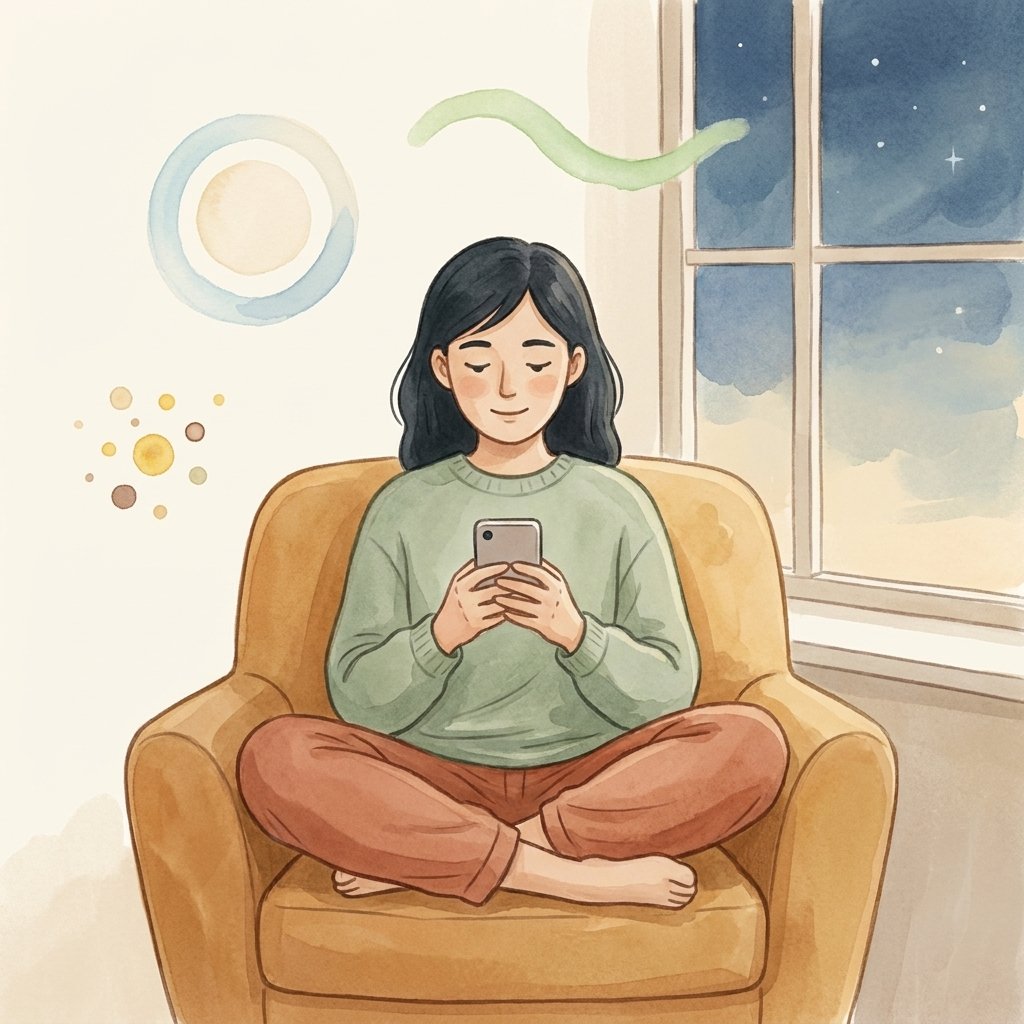 Illustration of a woman sitting calmly with her phone, surrounded by soft shapes suggesting breathing, tracking and calm