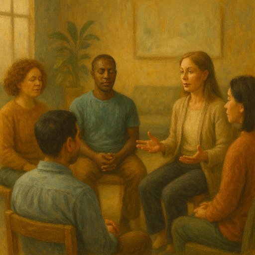 MBCT group therapy session with participants practicing mindfulness meditation