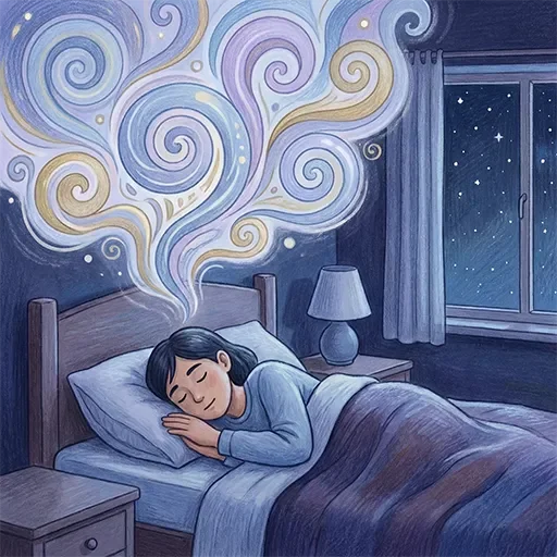 Person lying awake at night with racing thoughts visualized as swirling patterns