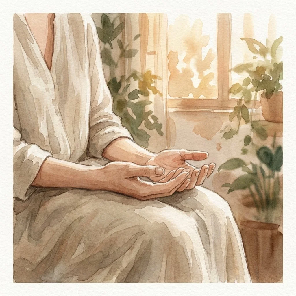Hands resting open and relaxed in a lap with soft natural light, suggesting calm focused breathing