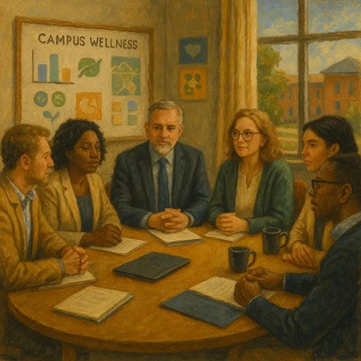 University administrators and mental health professionals meeting to discuss campus wellness initiatives