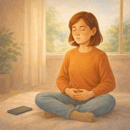 Person practicing grounding technique or mindful breathing instead of checking phone for health symptoms