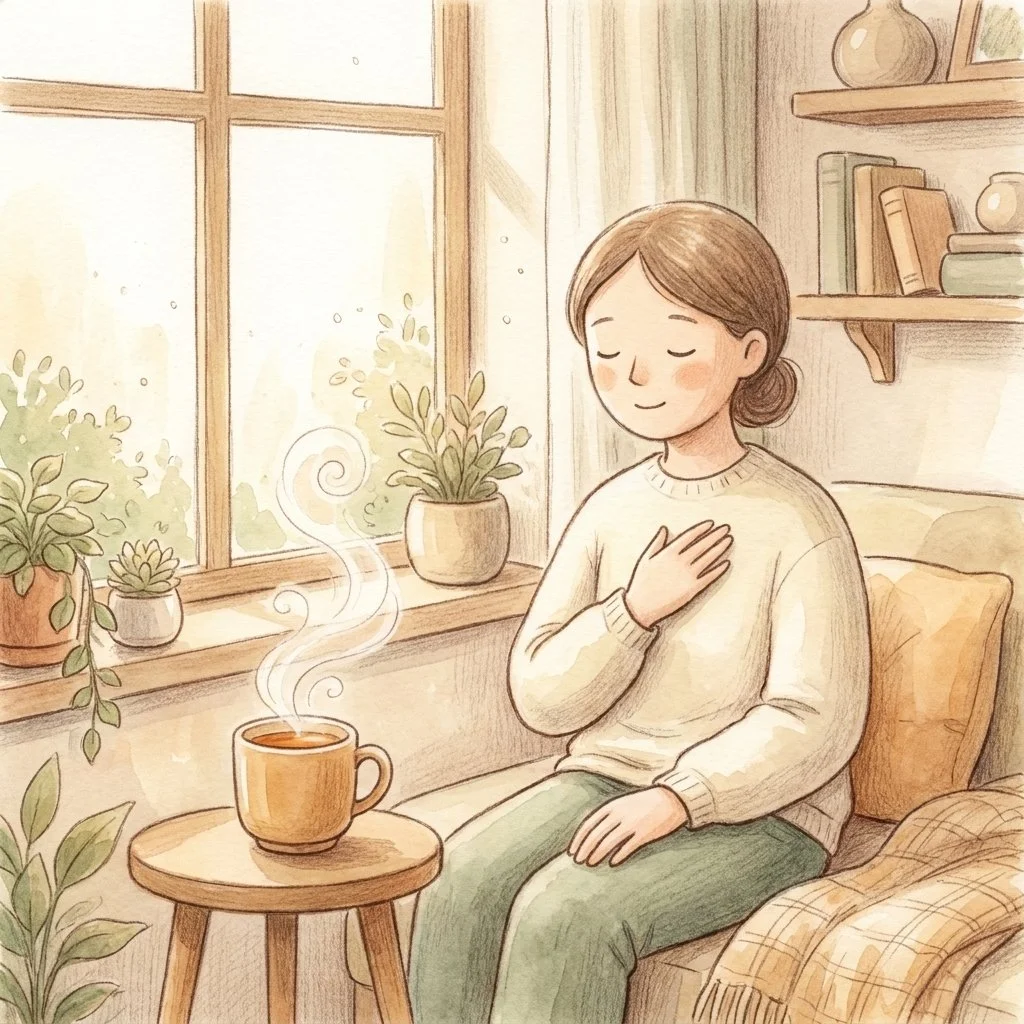 A person sitting calmly by a window with a hand resting on their chest, self-soothing