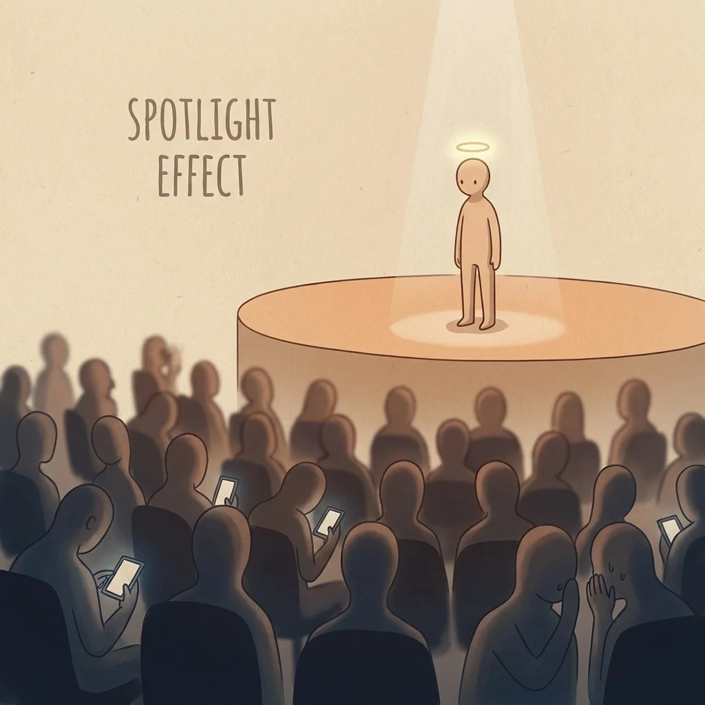 Conceptual illustration of the spotlight effect showing one person under a stage spotlight while audience members in the dark look away