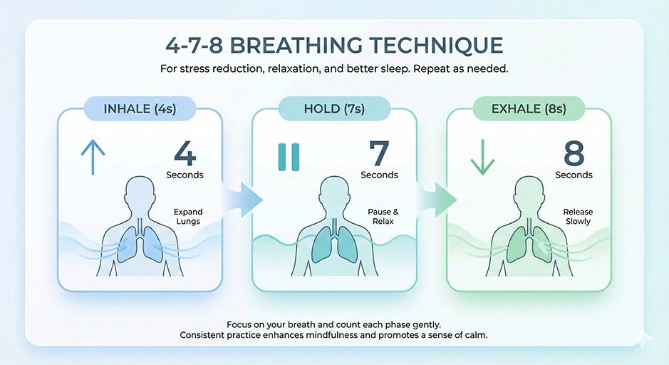 Diagram showing 4-7-8 breathing technique with visual representation of inhale, hold, and exhale phases for anger management