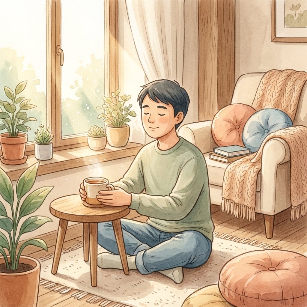 A person practicing a short mindfulness exercise by a sunny window at home