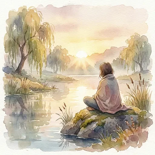Person meditating peacefully in a natural setting, reflecting on grief and loss with gentle morning light