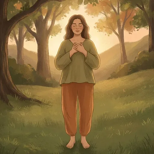 Person standing barefoot on grass with hands on chest practicing somatic body awareness for anxiety relief