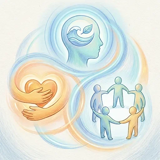 Illustration showing the three components of self-compassion: self-kindness, common humanity, and mindfulness