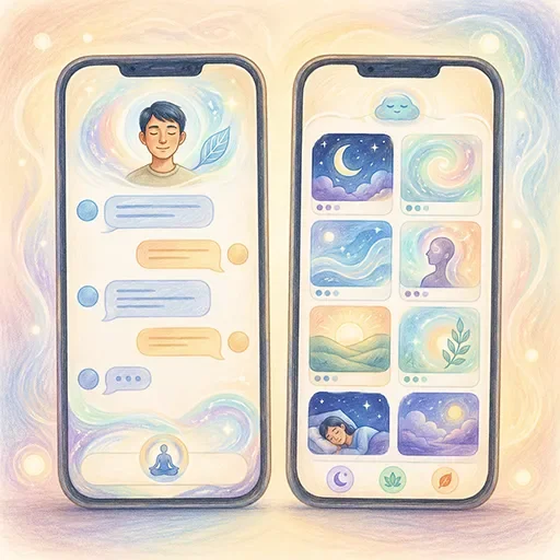 Watercolor illustration of two smartphones side by side representing different AI mental health app approaches