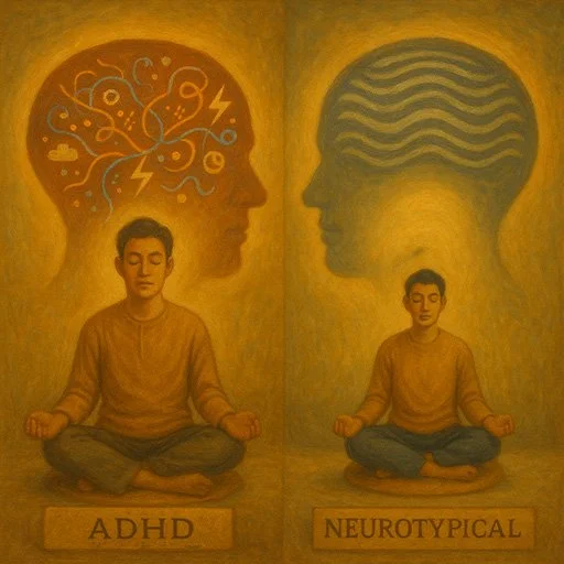 Illustration showing ADHD brain patterns versus neurotypical patterns during meditation