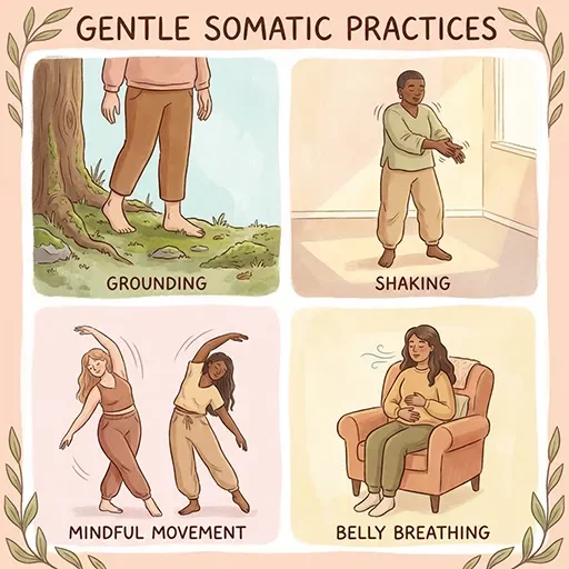 Split panel illustration showing four somatic exercises grounding through feet gentle shaking slow movement and belly breathing