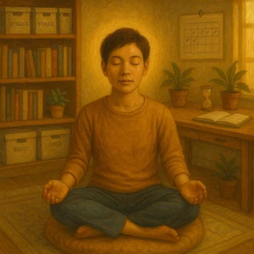 Person practicing various meditation techniques in a peaceful home environment