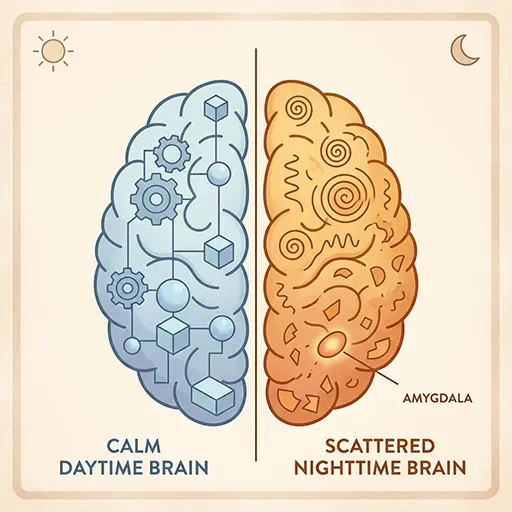 Split illustration comparing a calm organized daytime brain with a swirling anxious nighttime brain