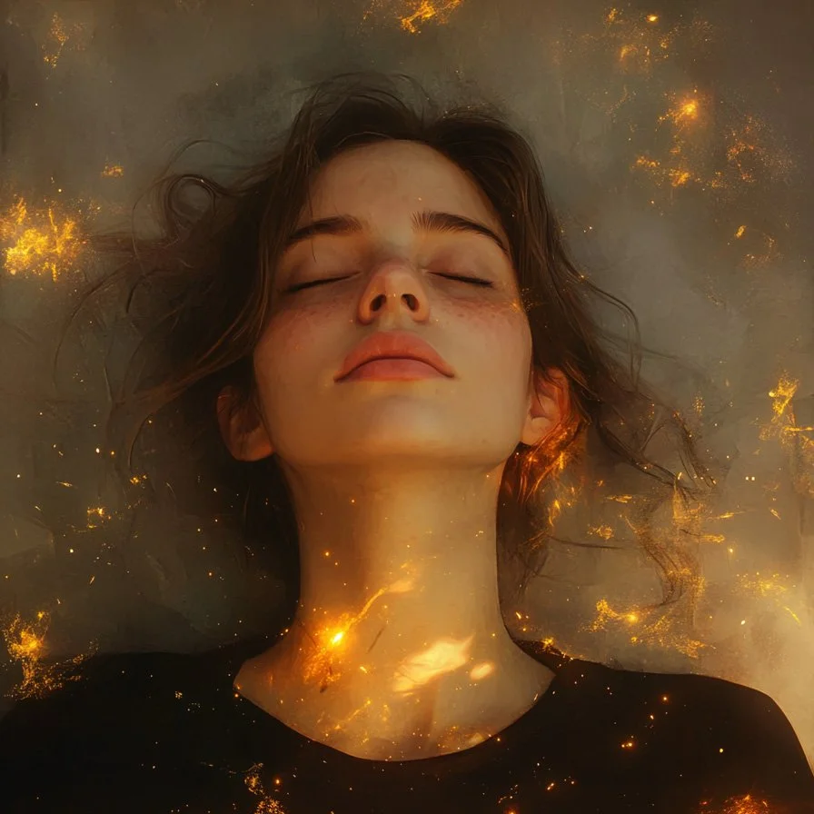 Woman lying down with eyes closed in loving-kindness meditation, surrounded by warm glowing energy representing compassion