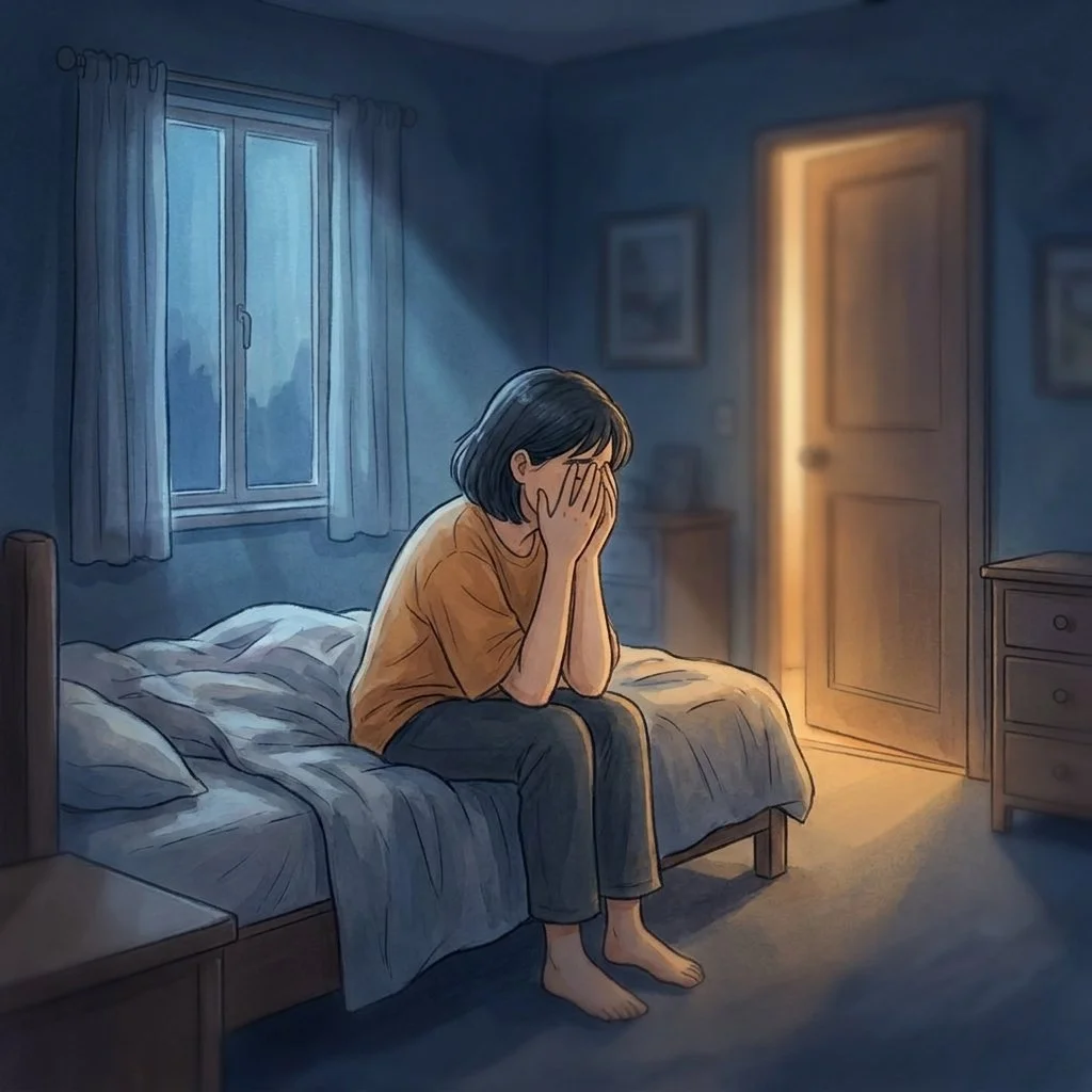 A person sitting awake on the edge of a bed at night, head in hands, a closed door behind them