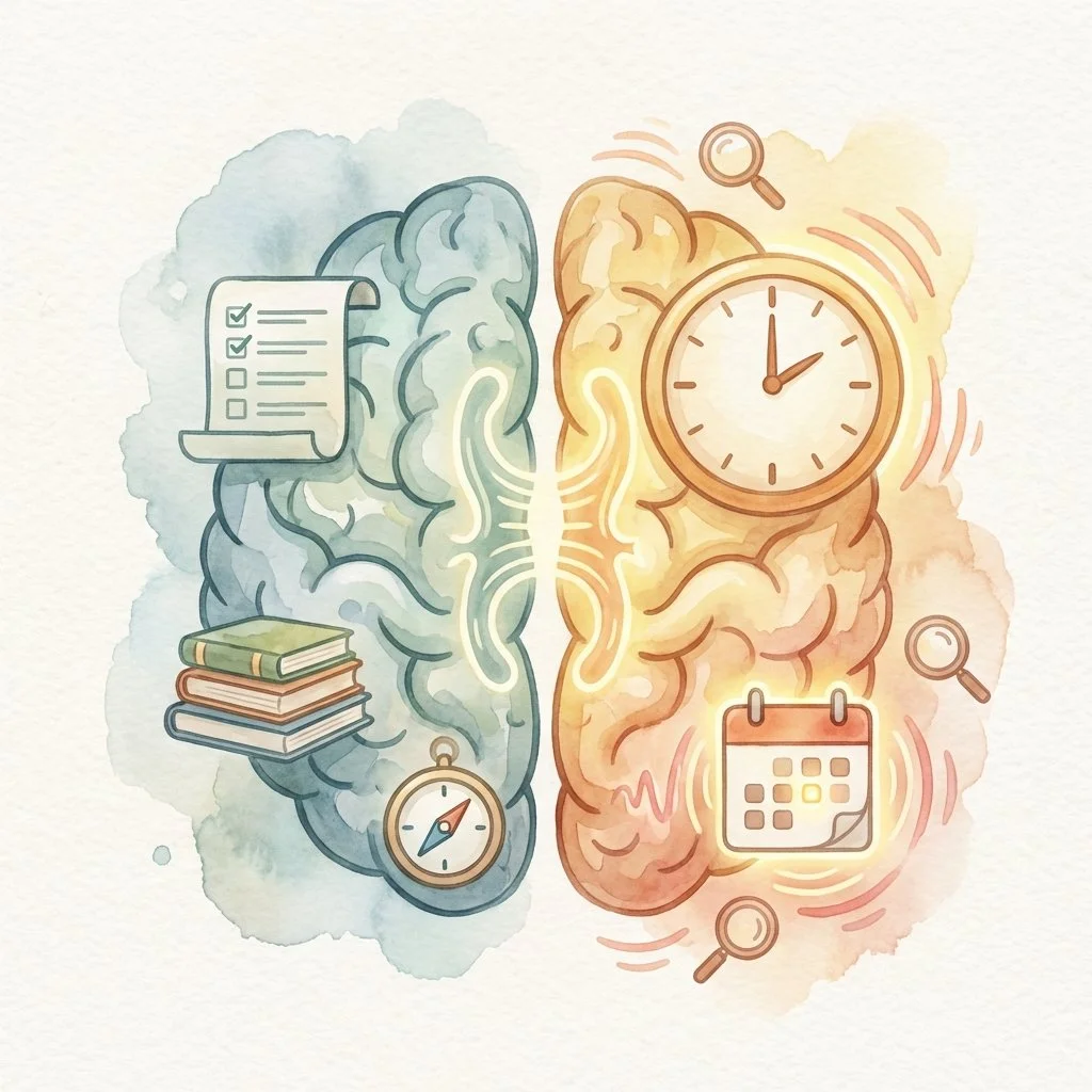 Illustration of a brain divided between focusing on a task and scanning for a future event