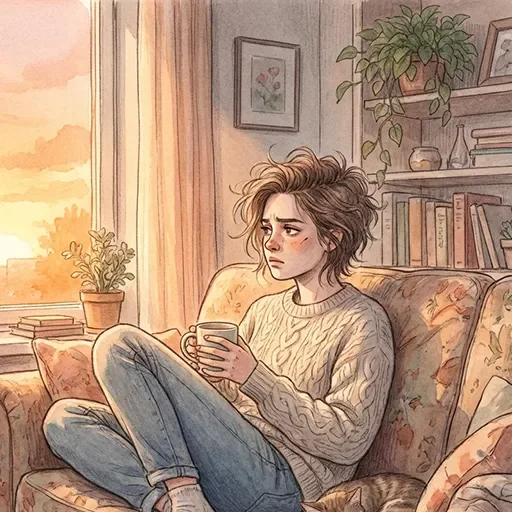 Person sitting on a couch on Sunday evening looking anxious, warm golden-hour lighting through a window