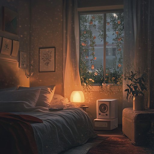 Soothing sounds playing from a speaker in a bedroom setting