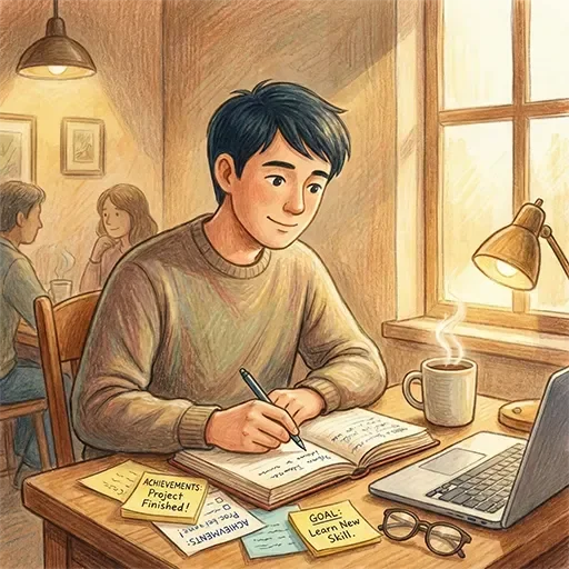 Person writing in a journal documenting workplace achievements and wins