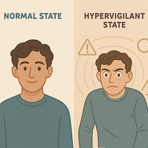Illustration showing the contrast between normal alertness and hypervigilance response patterns