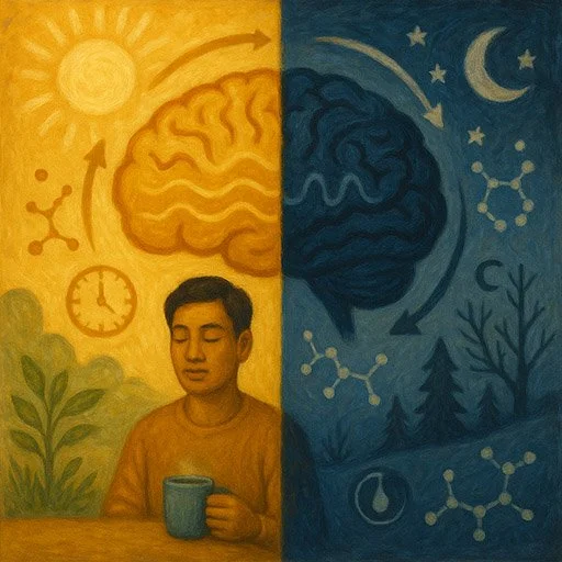 Split illustration showing a bright summer brain versus a darker winter brain, representing the neurobiological changes in seasonal depression