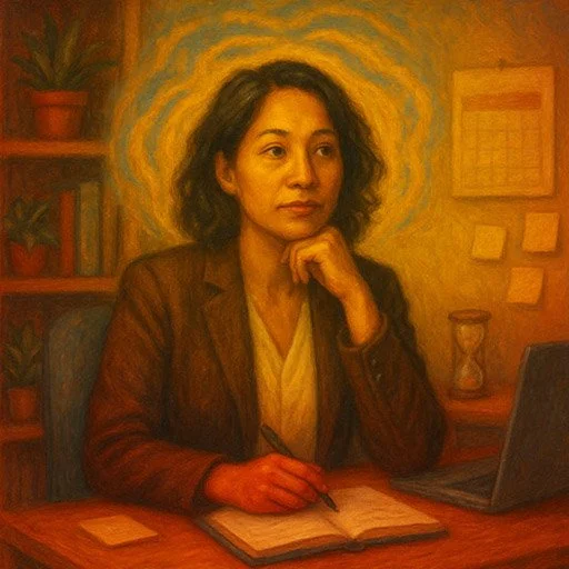 Professional woman practicing meditation at her office desk with calm expression and peaceful workplace setting