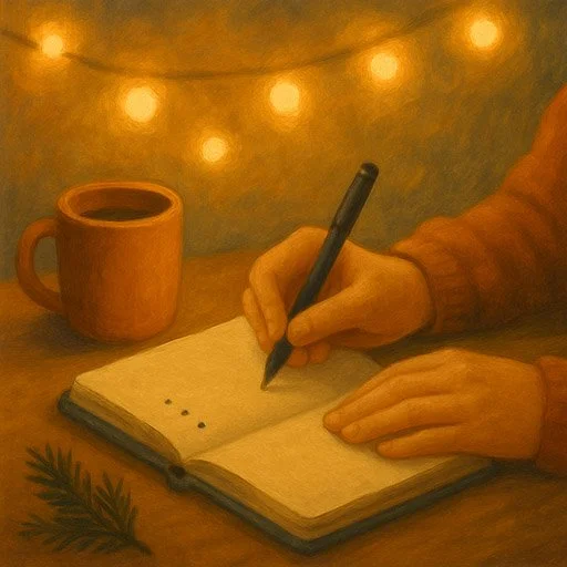Hands writing in a gratitude journal with holiday lights softly glowing in the background