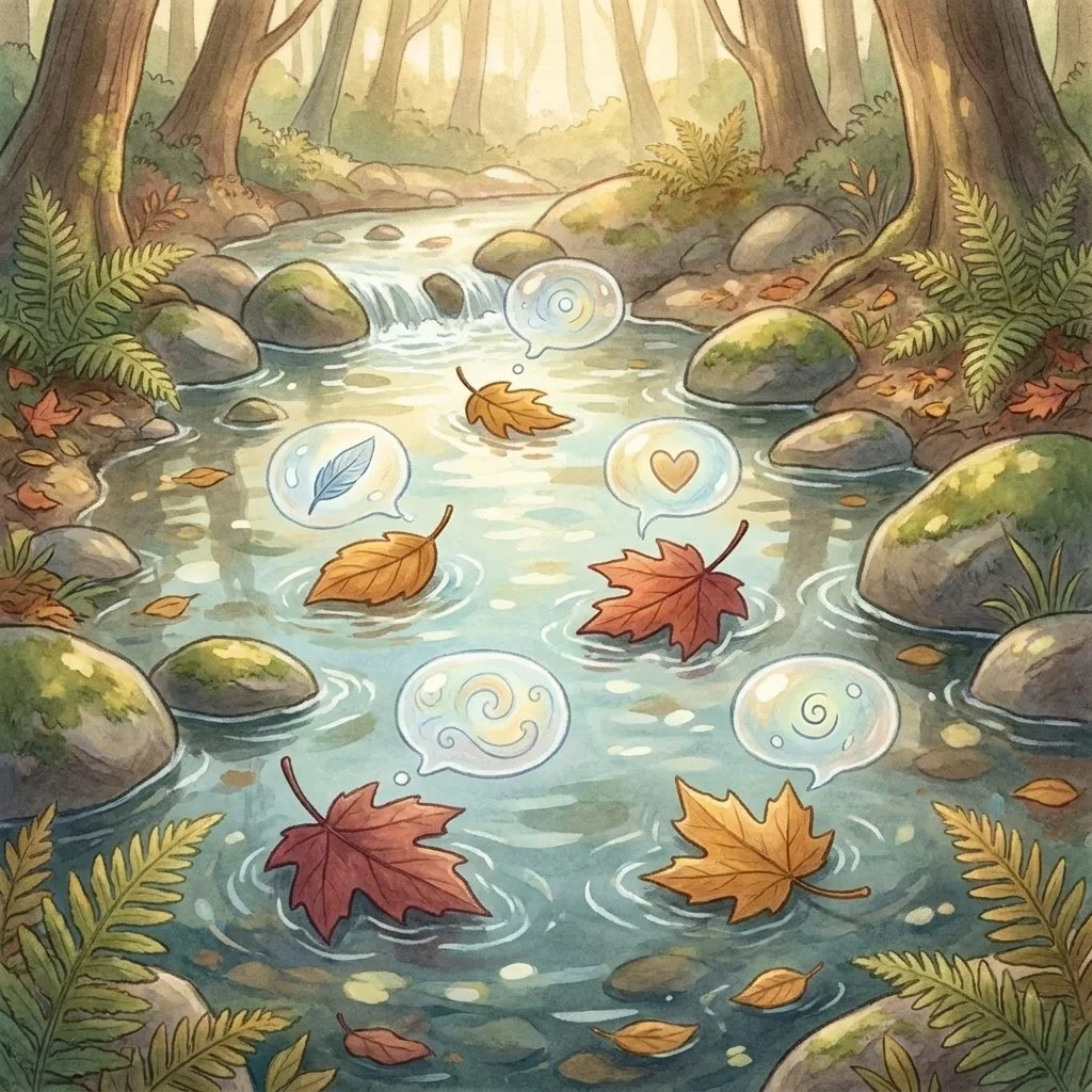 Autumn leaves drifting down a calm stream, each carrying a faint thought-bubble