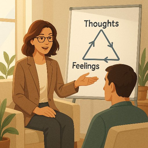 Therapist explaining CBT triangle showing connection between thoughts, feelings, and behaviors