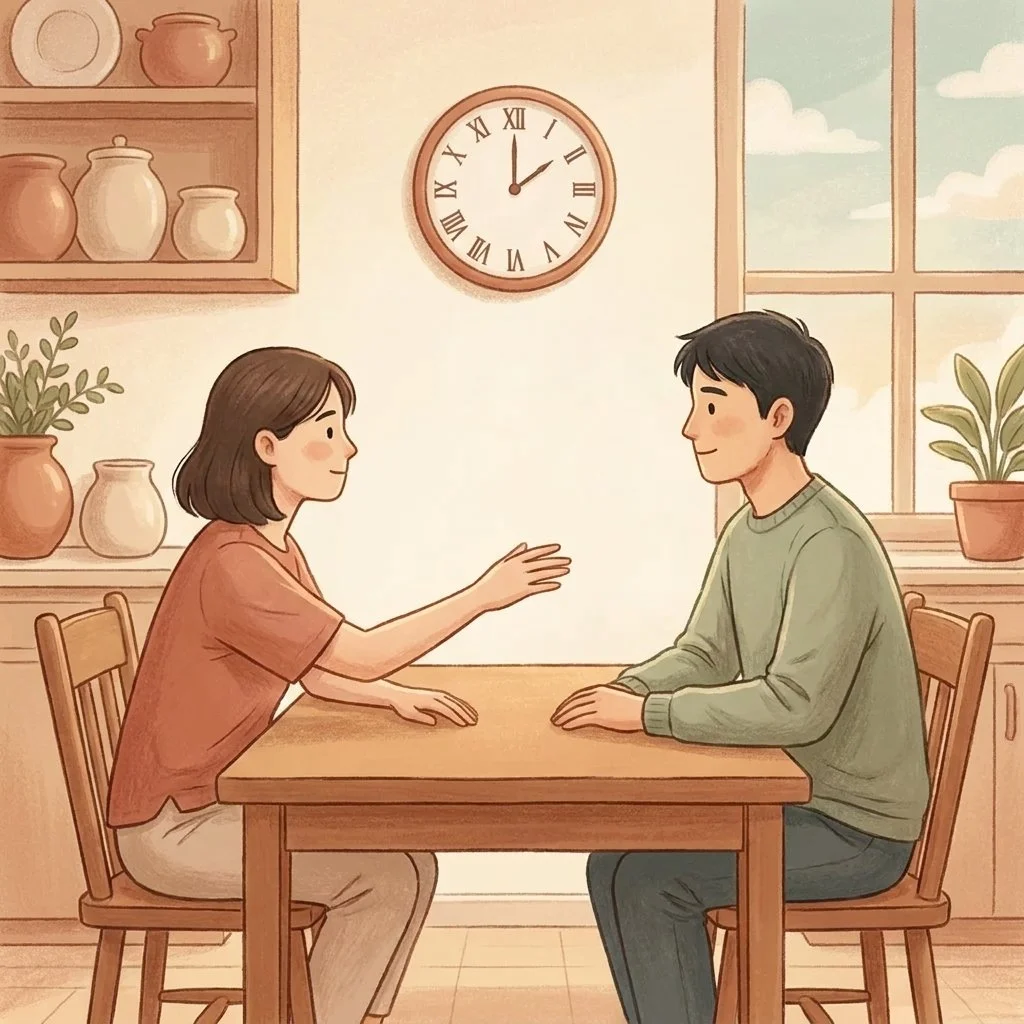 Two people at a kitchen table with a clock on the wall, illustrating a break with an agreed return time