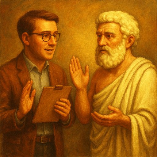 Illustration of a modern psychologist in conversation with an ancient Roman Stoic philosopher in toga