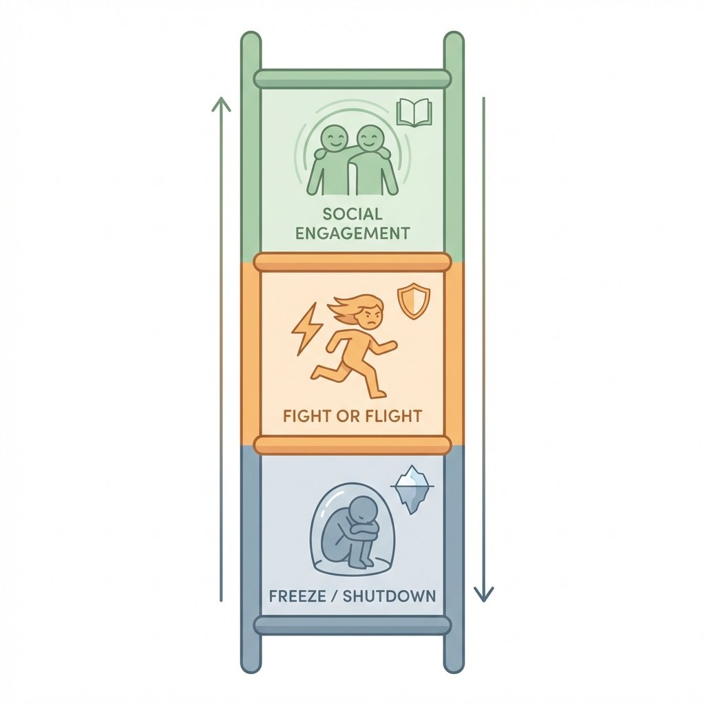 Infographic showing three nervous system states: ventral vagal engaged state, sympathetic fight-or-flight, and dorsal vagal freeze response
