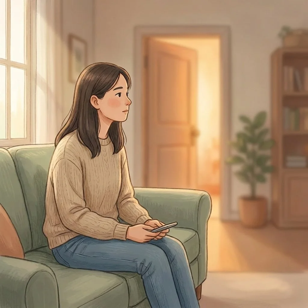 Woman sitting alone after an argument, looking toward a doorway her partner has left through