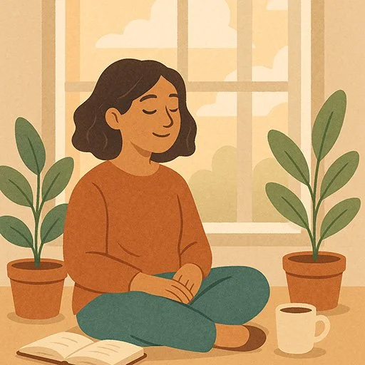 Person sitting peacefully by window with book and coffee, natural sunlight, plants, conveying contentment in solitude
