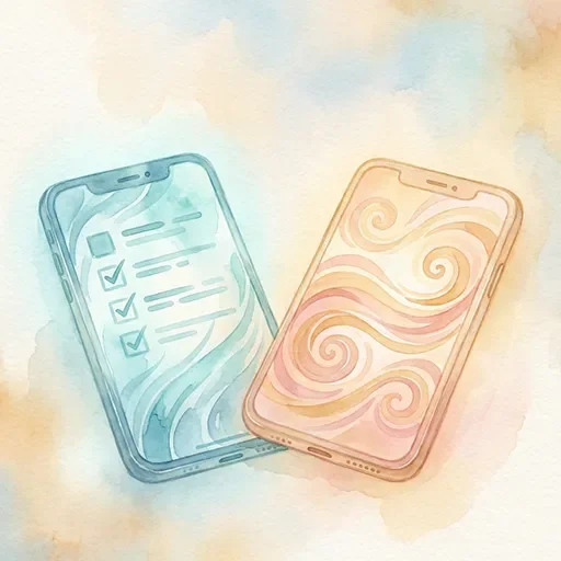 Watercolor illustration of two smartphones side by side representing different AI therapy app approaches