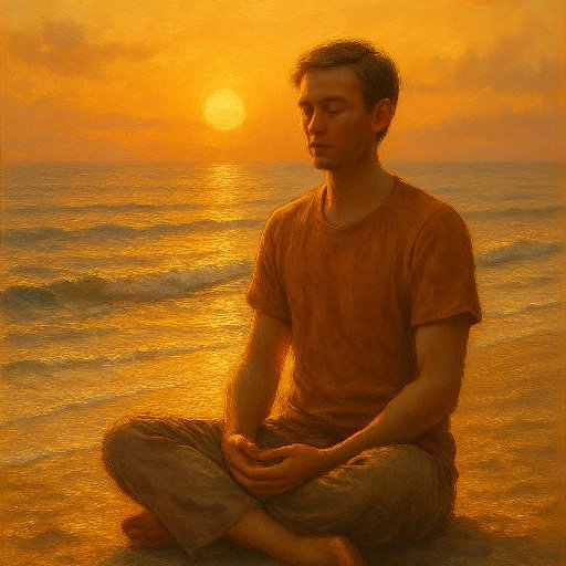 Person practicing guided visualization meditation in peaceful beach setting at sunset