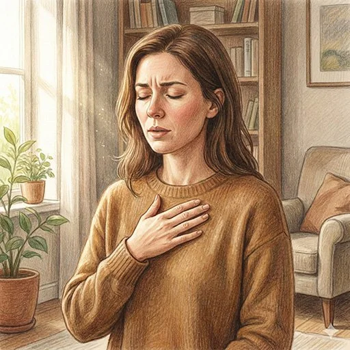 Person practicing mindful breathing during moment of anger, with hand on chest and eyes gently closed in calm indoor setting