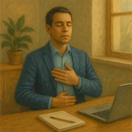 Professional person sitting at desk practicing deep breathing meditation with calm, focused expression
