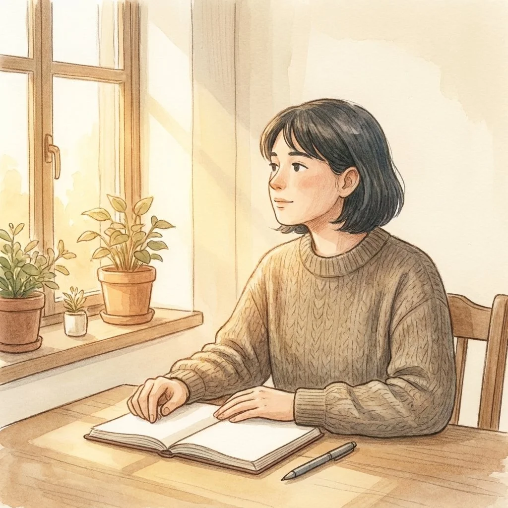 Person sitting calmly at a table with a notebook, working through an ERP plan for OCD