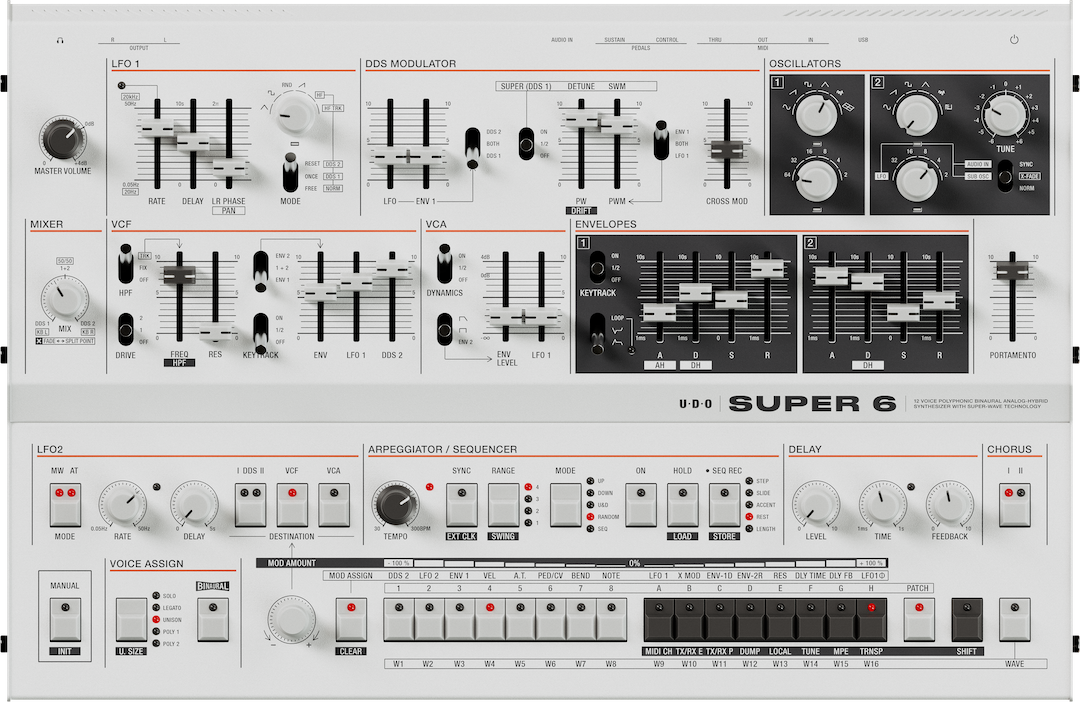 White UDO Super 6 Desktop synthesizer viewed from above