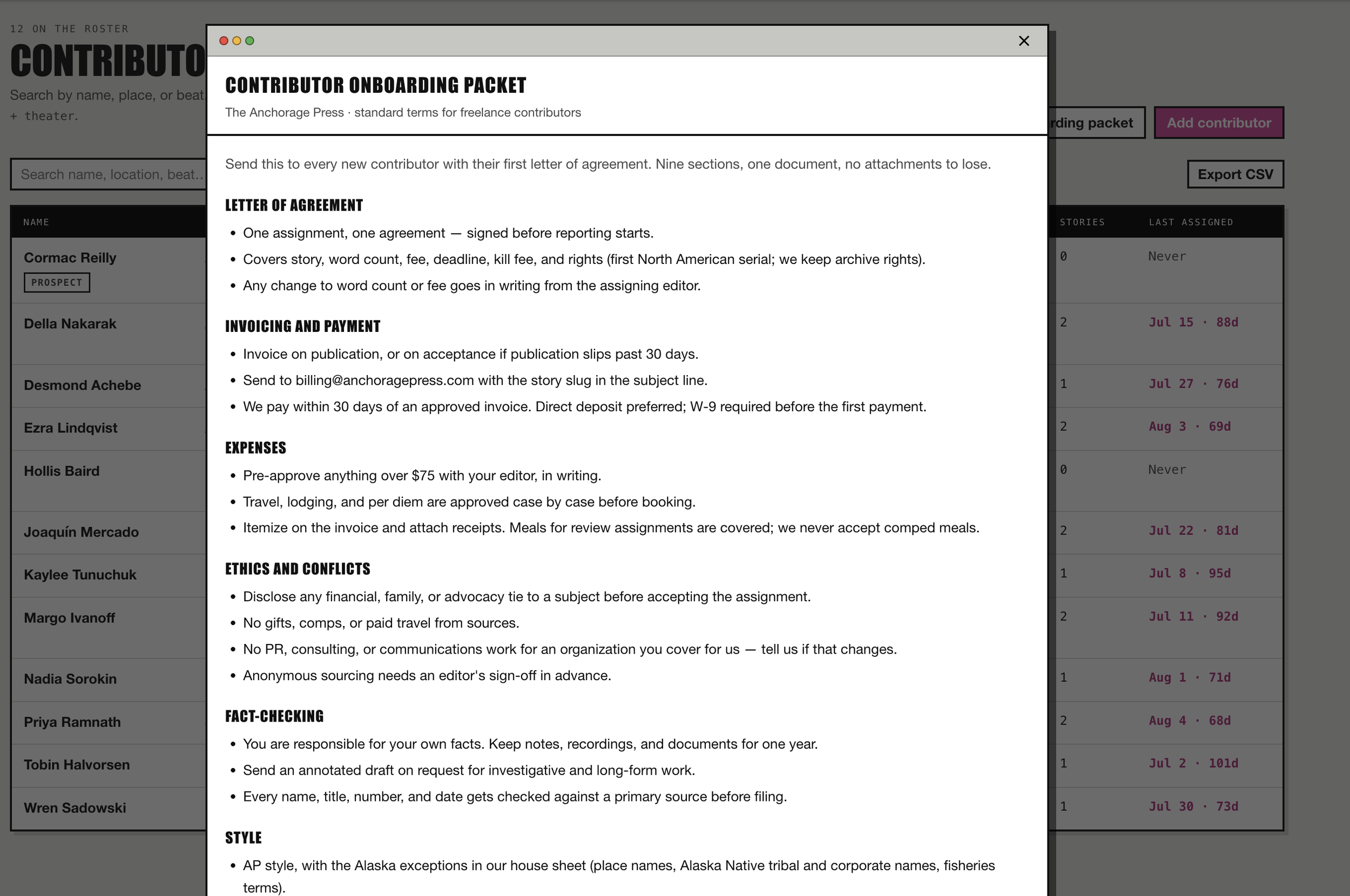 Contributor onboarding packet with agreement, invoicing, ethics, and fact-checking guidance