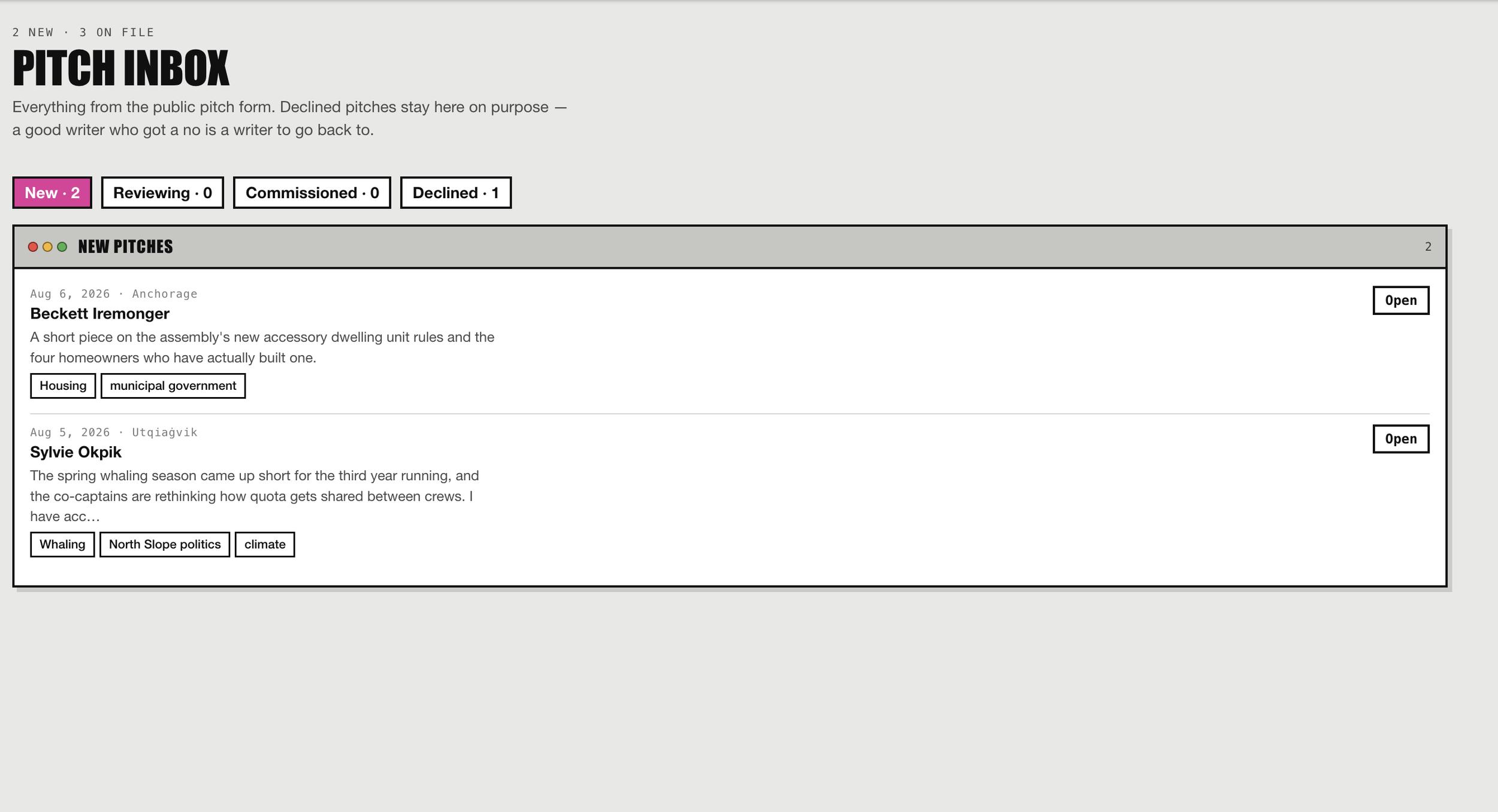 Pitch inbox with new, reviewing, commissioned, and declined categories