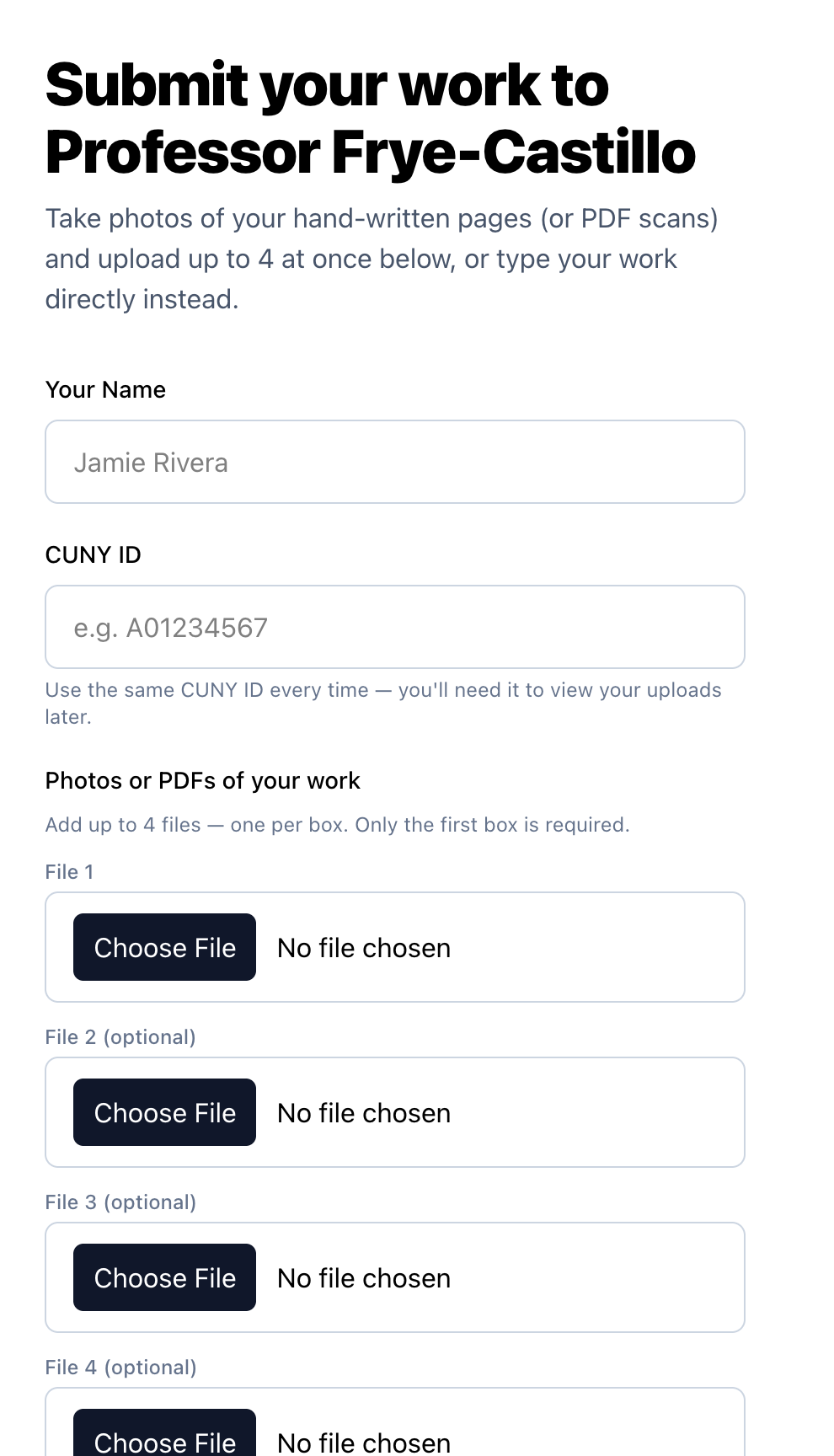 Lehman classroom form for uploading handwritten work, PDF scans, or typed writing