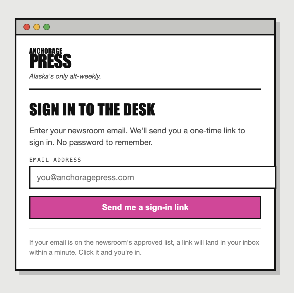 Anchorage Press sign-in screen offering an email sign-in link